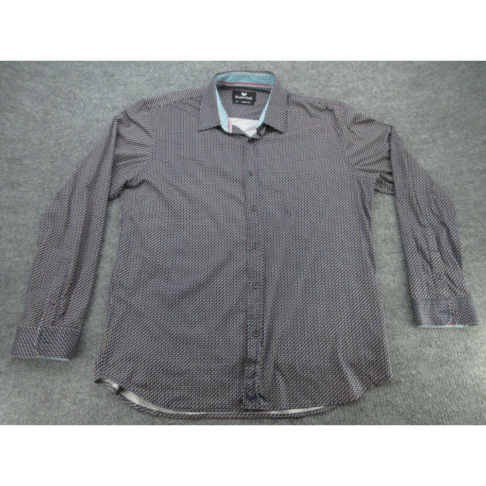 Buttercloth Mens Button Up Regular Fit Navy Geometric Print Shirt 2X